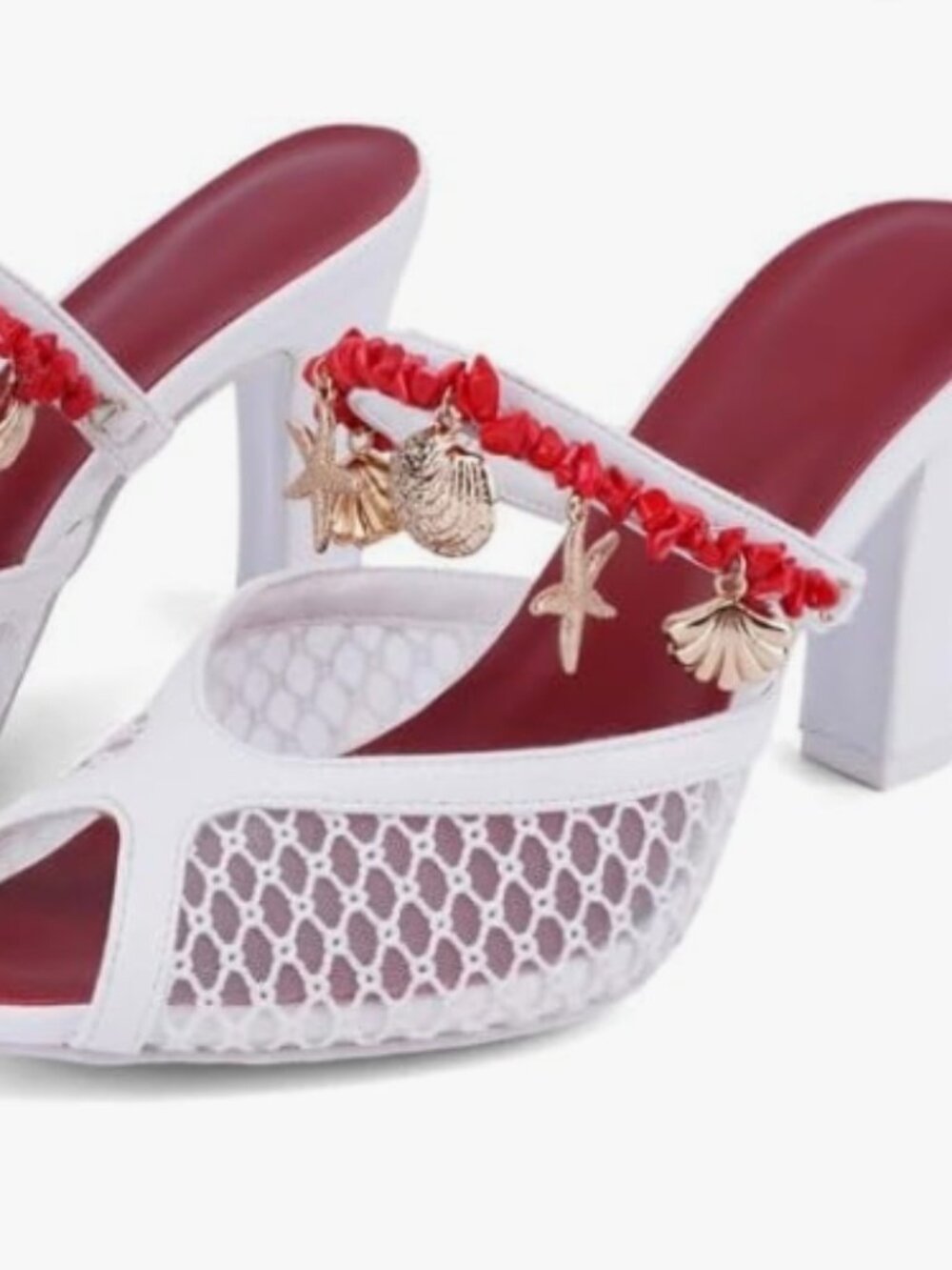 MLTT Women's Beaded Mesh Mules, Peep Toe Block Heels with Shell Charms
